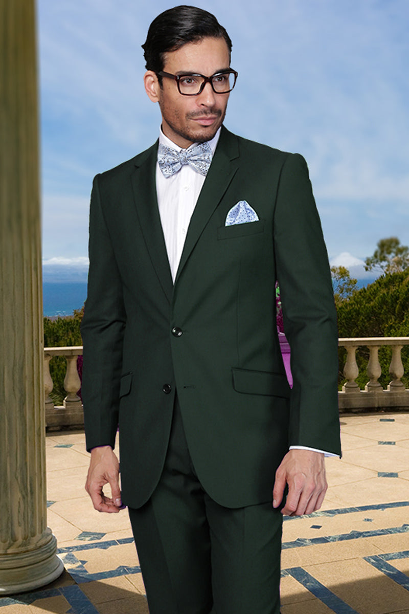Men’s Designer Two Button Modern Fit Wool Suit in Hunter Green