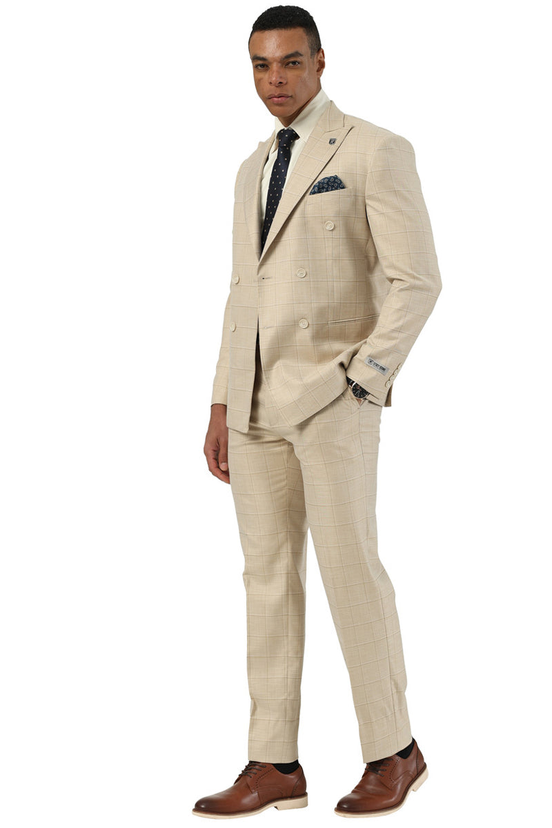 Men’s Stacy Adams Double Breasted Summer Suit in Beige Windowpane Plaid