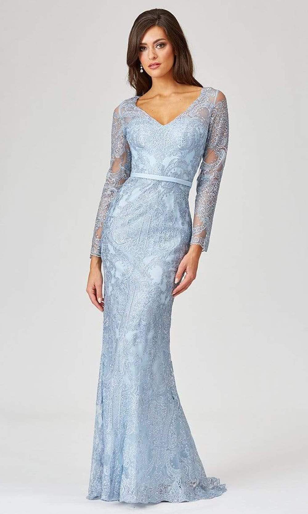 29466 Sheer Beaded Lace Sheath Gown