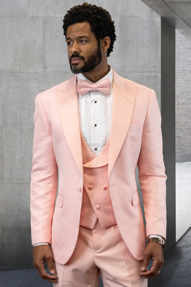 Men’s Designer Vested Tonal Paisley Wedding & Prom Tuxedo in Blush Pink