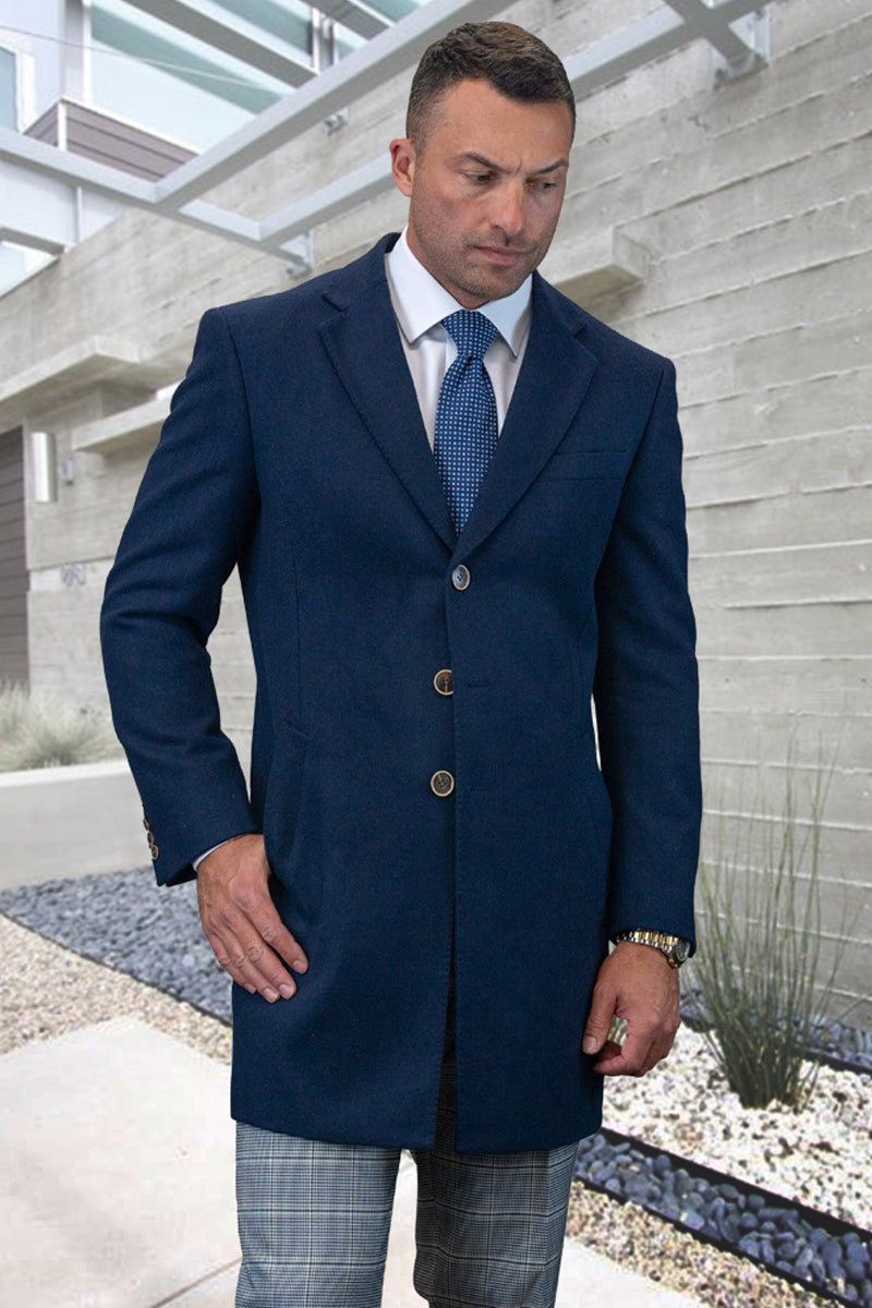 Men’s Designer 100% Wool Winter Overcoat in Navy Blue