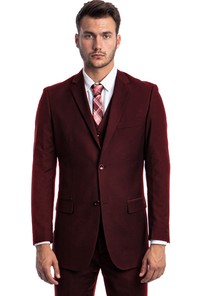 Men’s Vested Two Button Solid Color Wedding & Business Suit in Burgundy