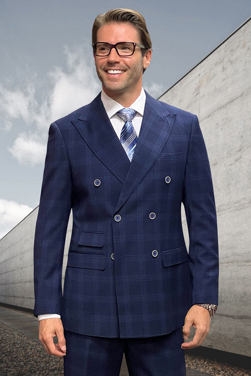 Men’s Designer Classic Fit Double Breasted Wool Suit in Navy Windowpane Plaid
