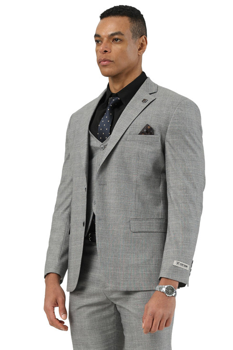 Men’s Stacy Adams Two Button Vested Summer Suit in Light Grey Glen Plaid