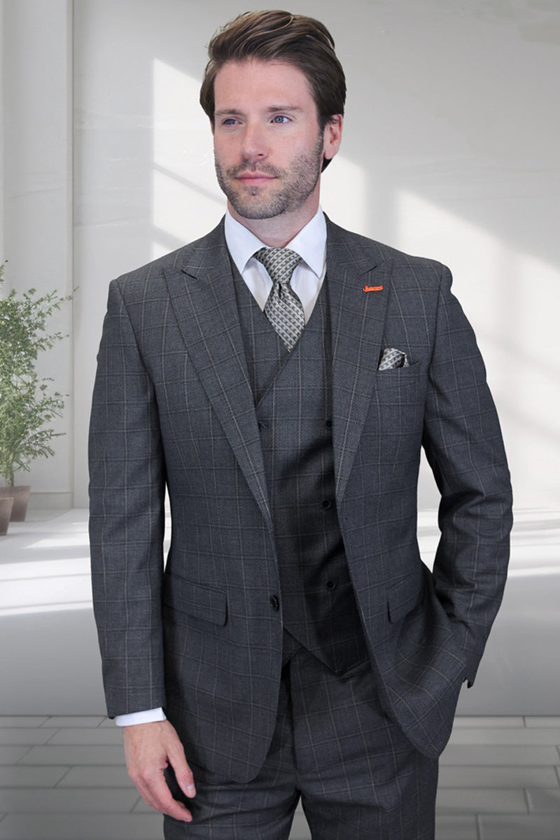Men’s Designer Vested One Button Peak Lapel Wool Suit in Charcoal Windowpane Plaid
