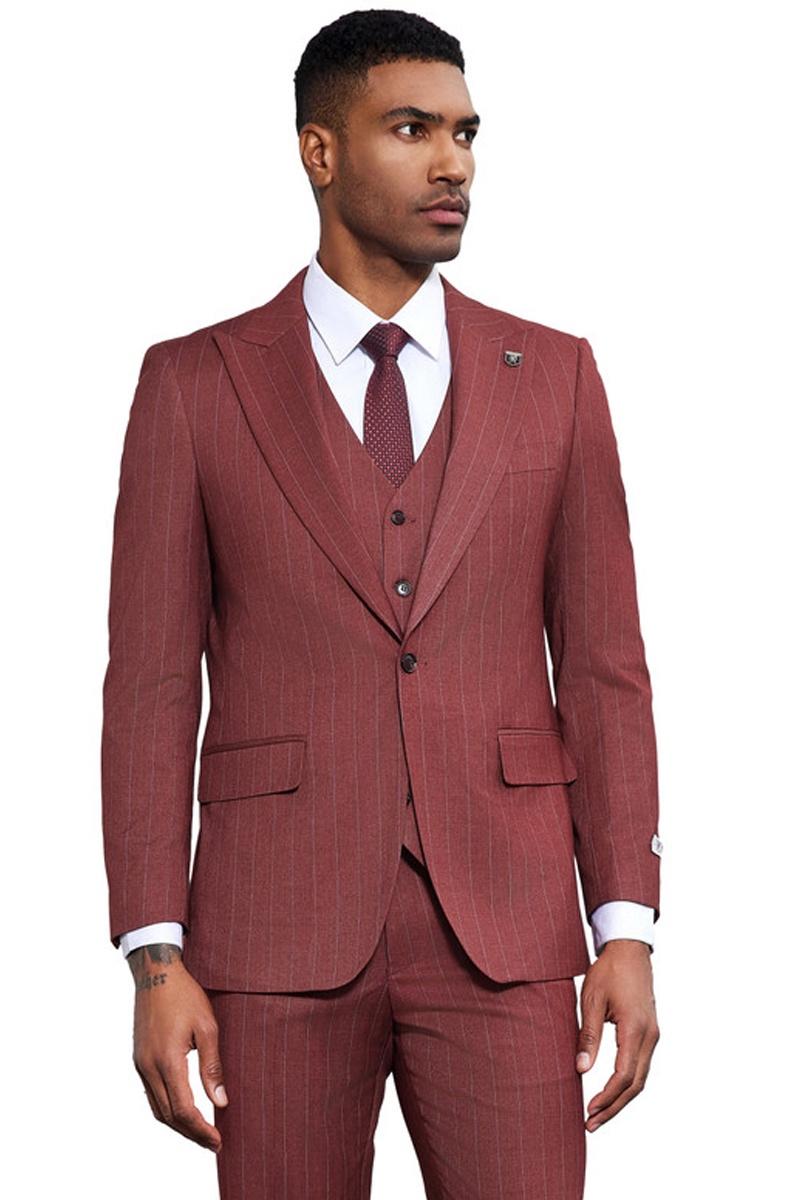 Men’s Stacy Adams One Button Peak Lapel Vested Suit in Burgundy Pinstripe