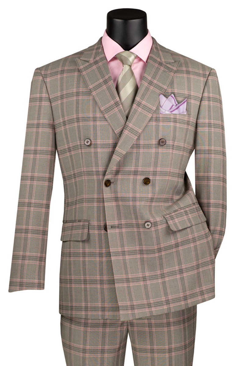 Men’s Modern Fit Double Breasted Stretch Suit in Light Taupe Glen Plaid
