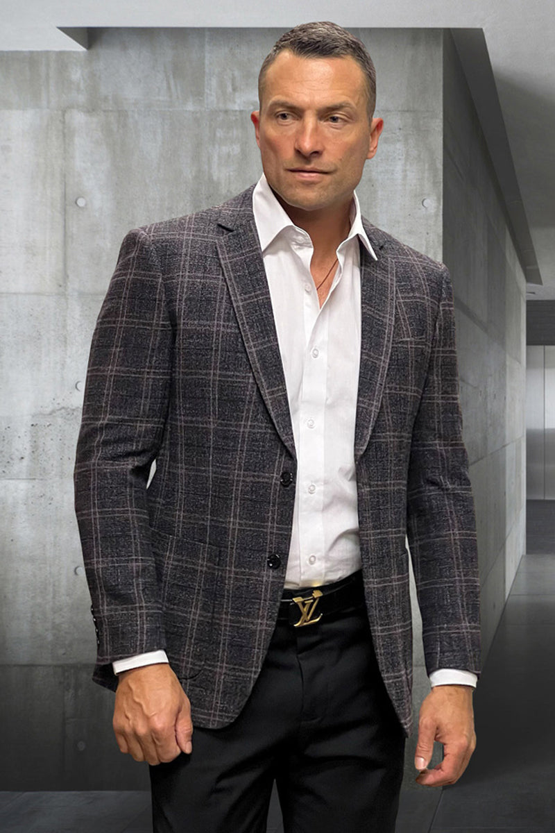 Men’s Modern Fit Wool & Cashmere Patch Pocket Sport Coat Blazer in Black Windowpane Plaid
