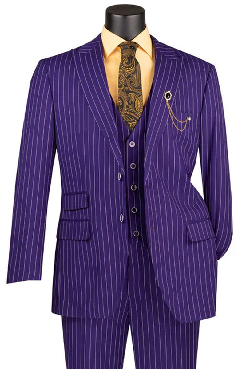 Men’s Vested Bold Gangster Pinstripe Suit in Purple