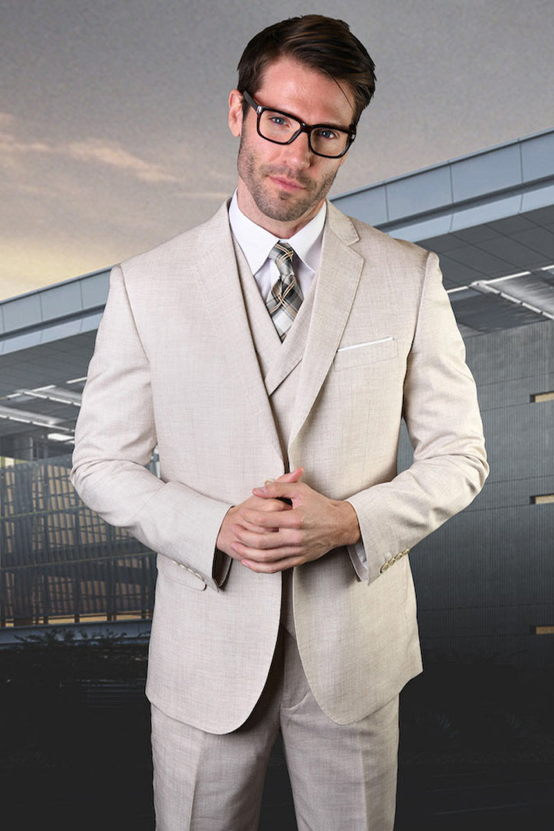 Men’s Modern Fit Designer Summer Wool Suit in Natural Tan with a Double Breasted Vest