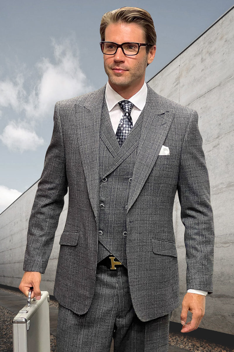 Men’s Designer Wool Peak Lapel Suit in Muted Black Widowpane Plaid