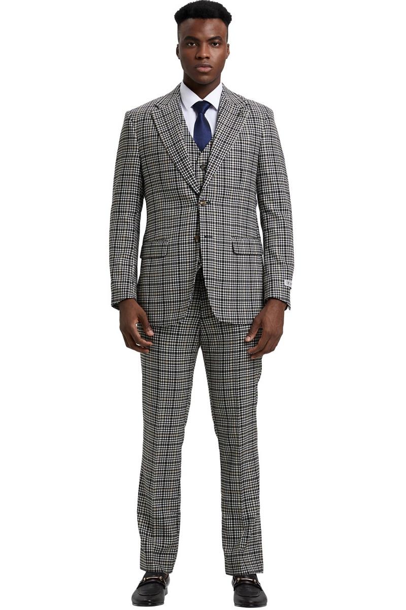 Men’s Stacy Adams Vested Modern Fit Houndstooth Glen Plaid Suit in Grey & Green