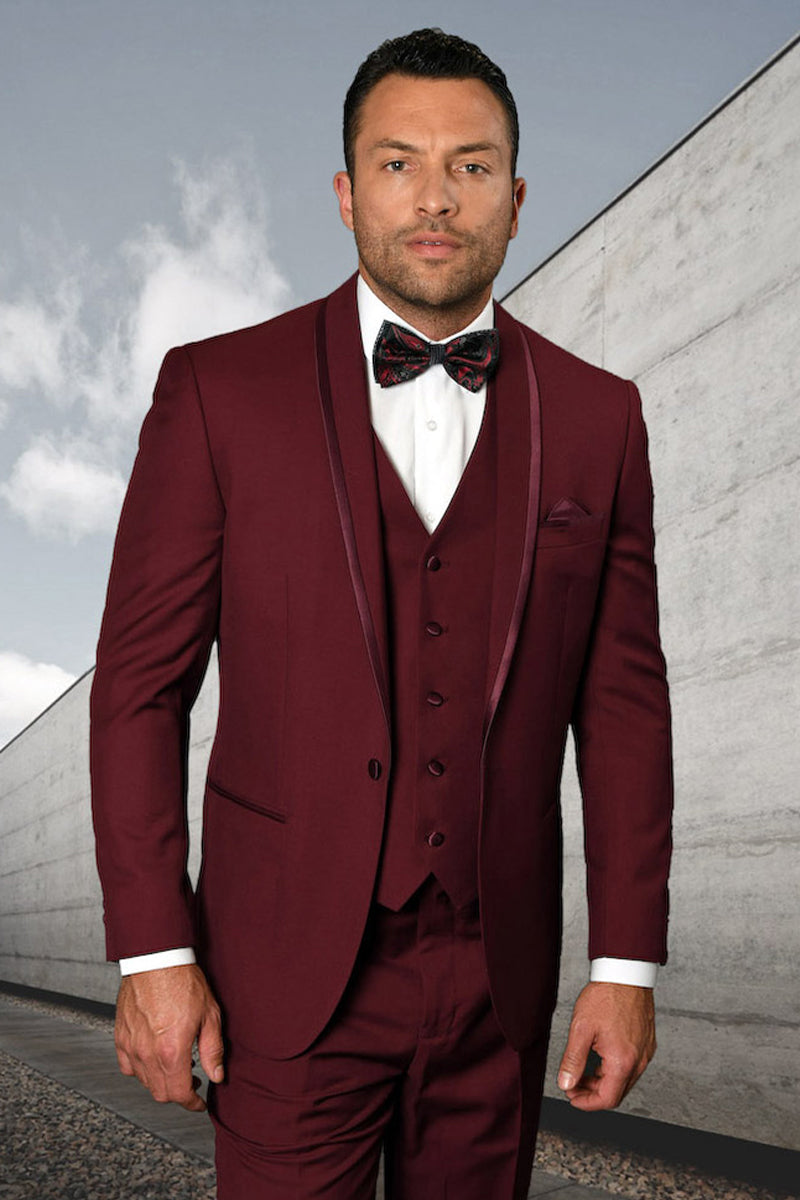 Men’s Vested Satin Trim Shawl Wedding & Prom Tuxedo in Burgundy