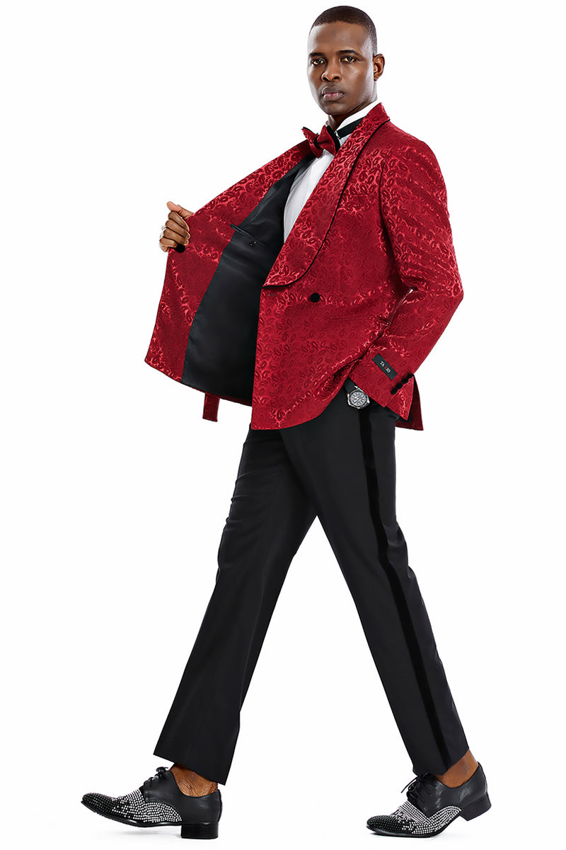 Men’s Slim Fit Double Breasted Smoking Jacket Prom & Wedding Tuxedo in Burgundy Paisley