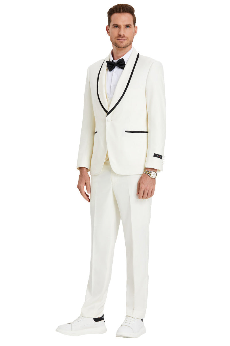 Men’s One Button Vested Shawl Tuxedo in Ivory Birdseye with Black Satin Trim