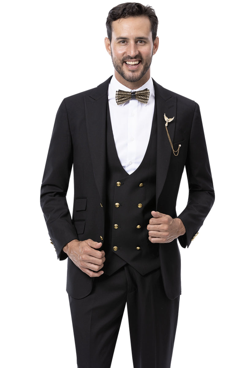 Mens Modern Two Button Vested Peak Lapel Suit with Double Breasted Vest & Gold Buttons in Black