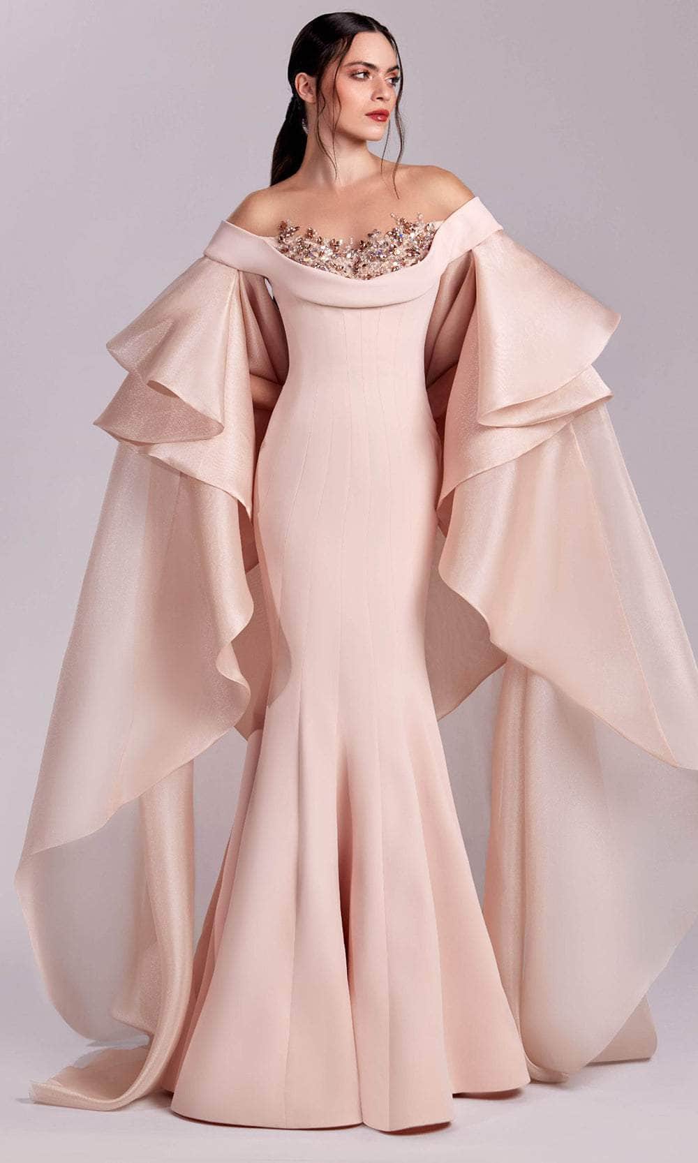 Ruffled Cape Sleeve Mermaid Evening Gown