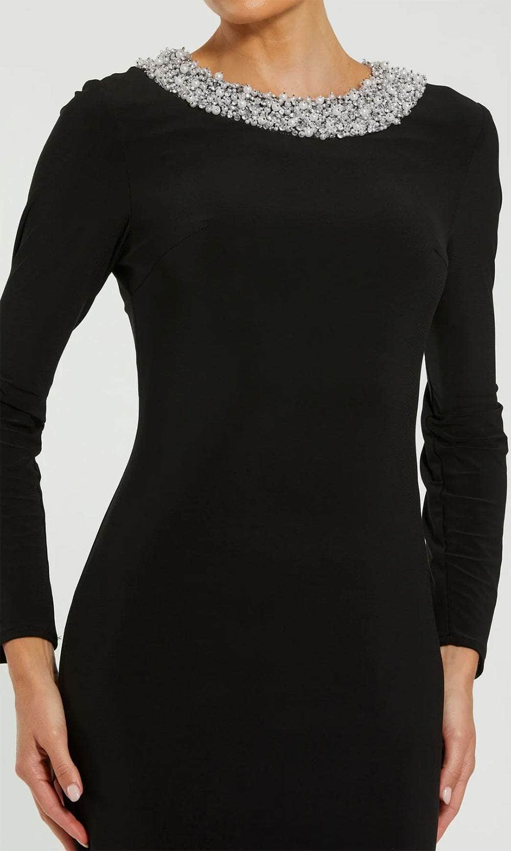 Long Sleeve Beaded Neckline Evening Gown