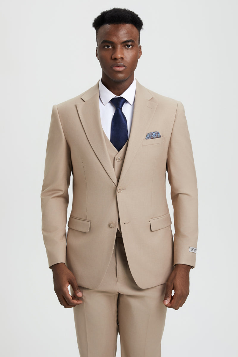 Men’s Two Button Vested Stacy Adams Basic Designer Suit in Tan
