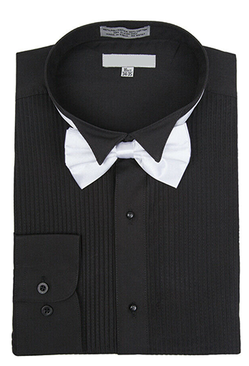 Men’s Regular Fit Wing Collar Mini Pleat Black Tuxedo Shirt & Bowtie Set