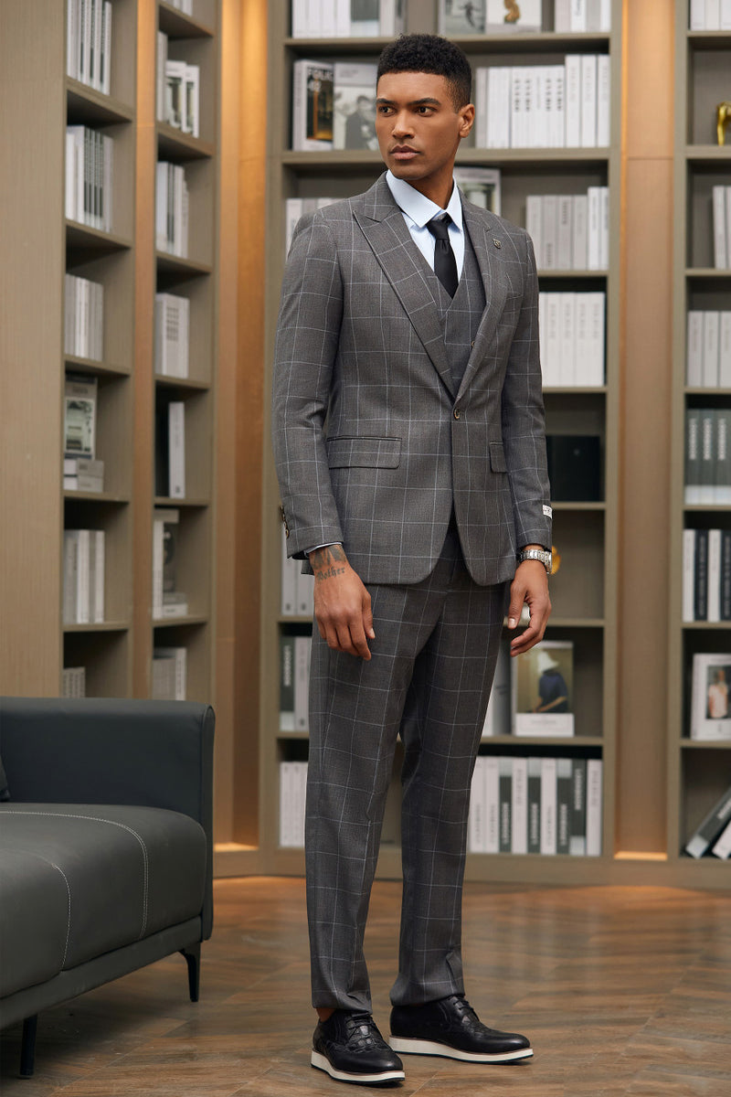 Men’s Stacy Adams One Button Peak Lapel Suit with Double Breasted Vest in Charcoal Windowpane