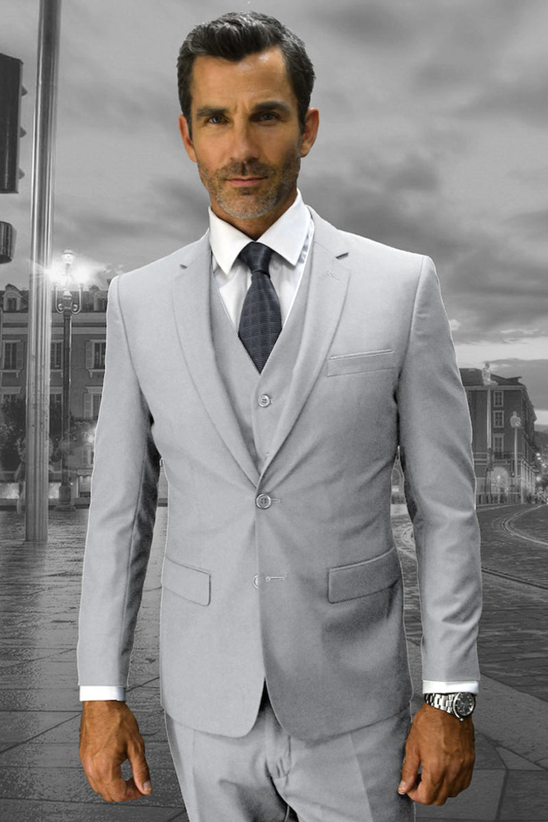 Men’s Designer Slim Fit Vested Wool Wedding Suit in Light Grey
