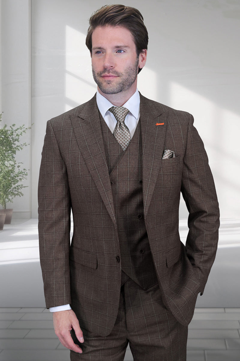 Men’s Designer Vested One Button Peak Lapel Wool Suit in Brown Windowpane Plaid