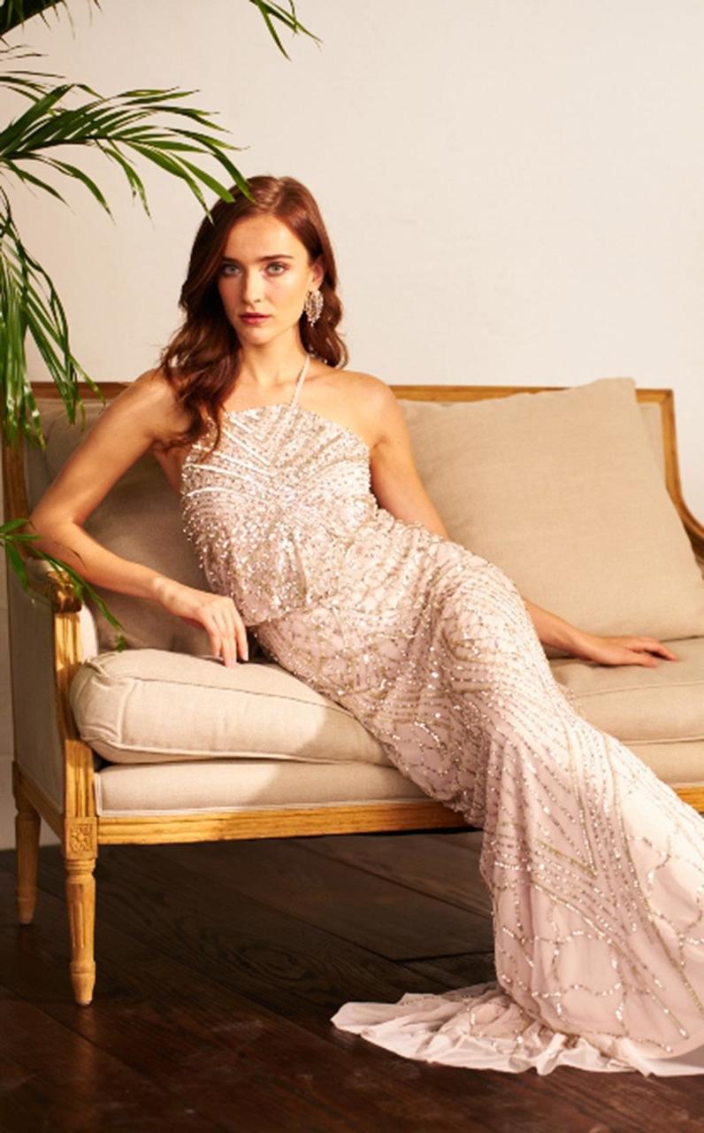 91907930 Bedazzled Halter Blouson Sheath Dress