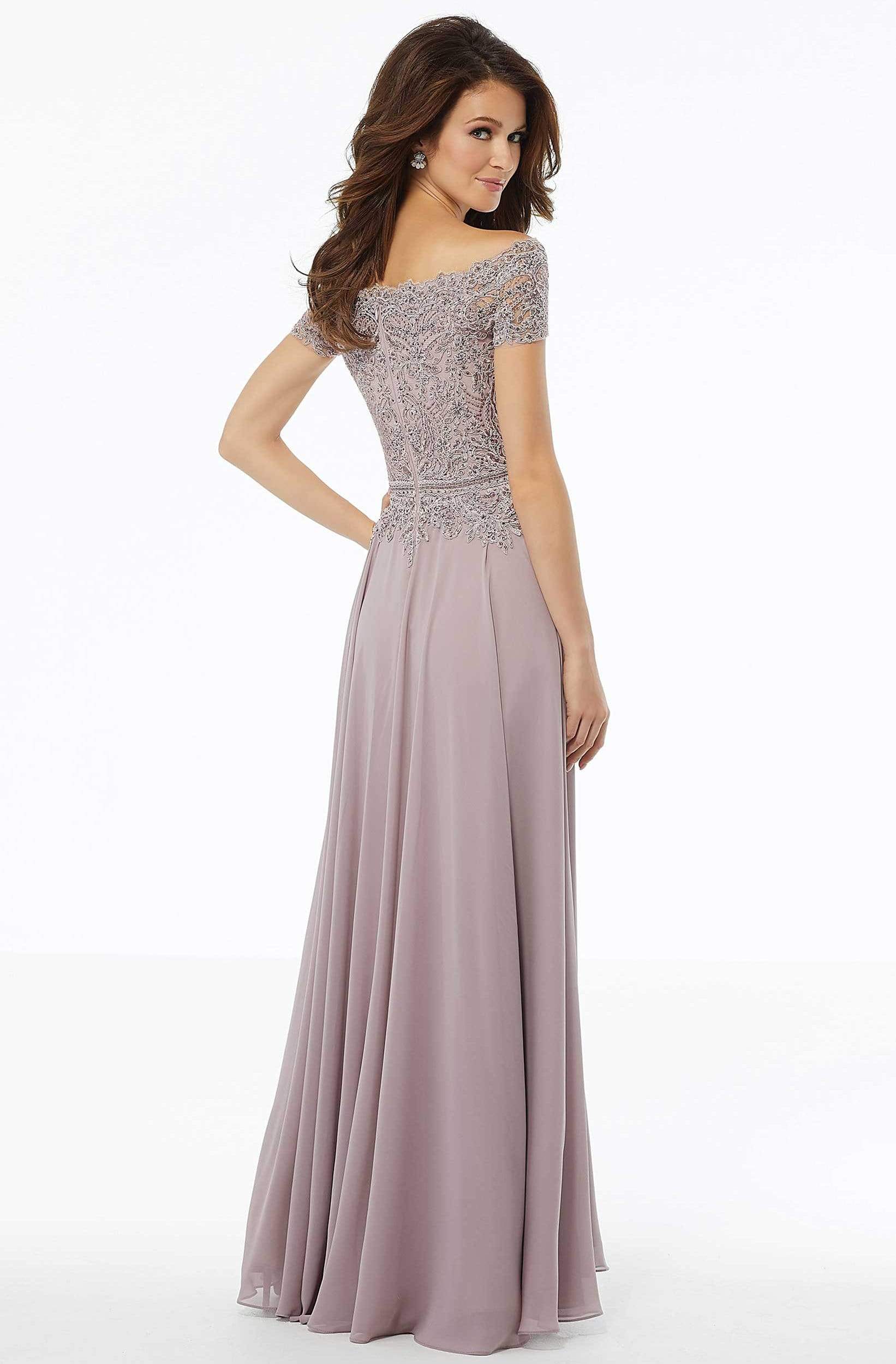 72133 Off Shoulder Lace Appliqued Chiffon Dress