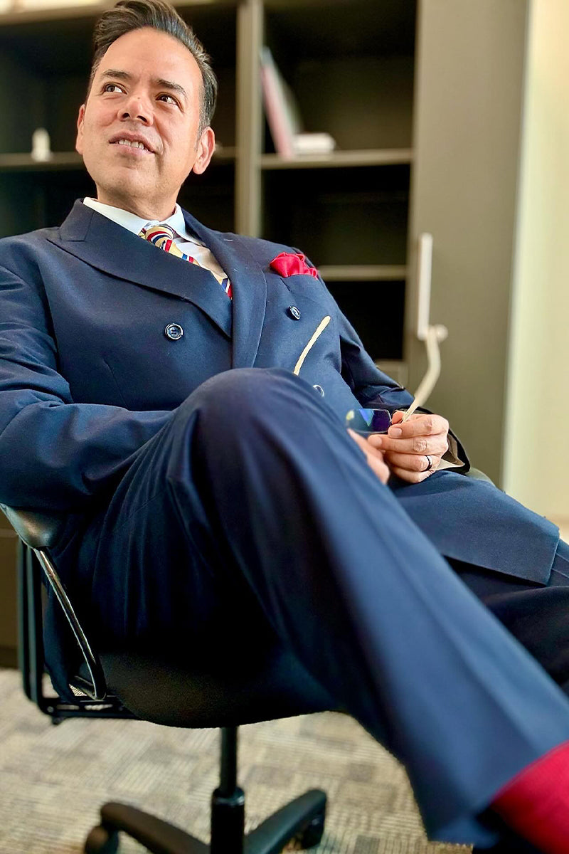 Mens Classic Double Breasted Poplin Suit in Navy Blue Blue