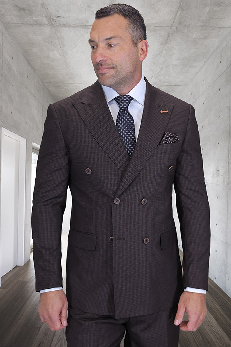 Men’s Designer Double Breasted Wool Suit in Brown Micro Plaid