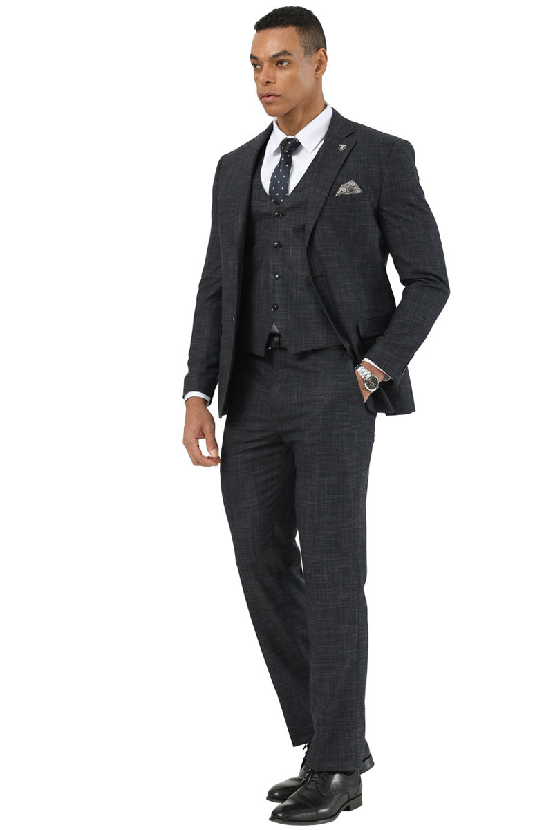 Men’s Designer Stacy Adams Vested Suit in Black Sharkskin Weave