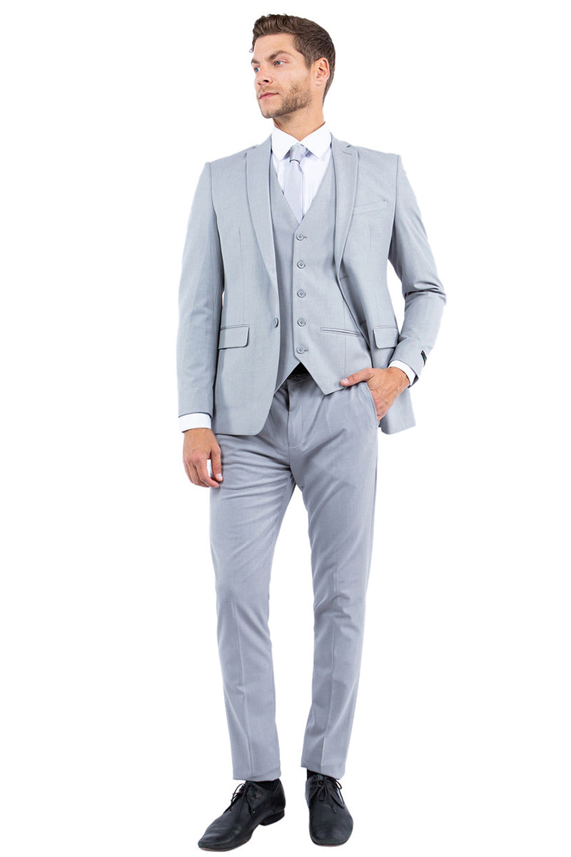 Men’s One Button Vested Slim Fit Business & Wedding Suit in Light Grey