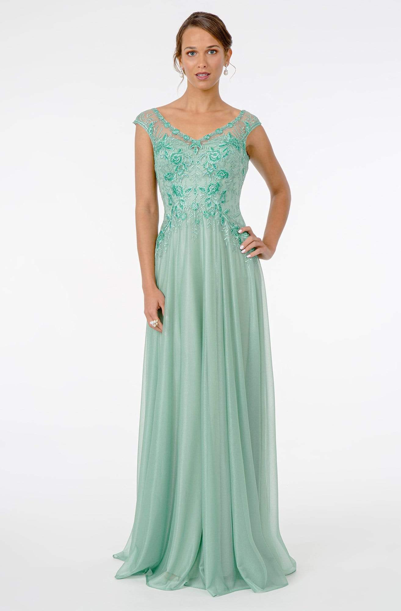GL1826 Beaded Lace Embroidered Bodice A-Line Gown