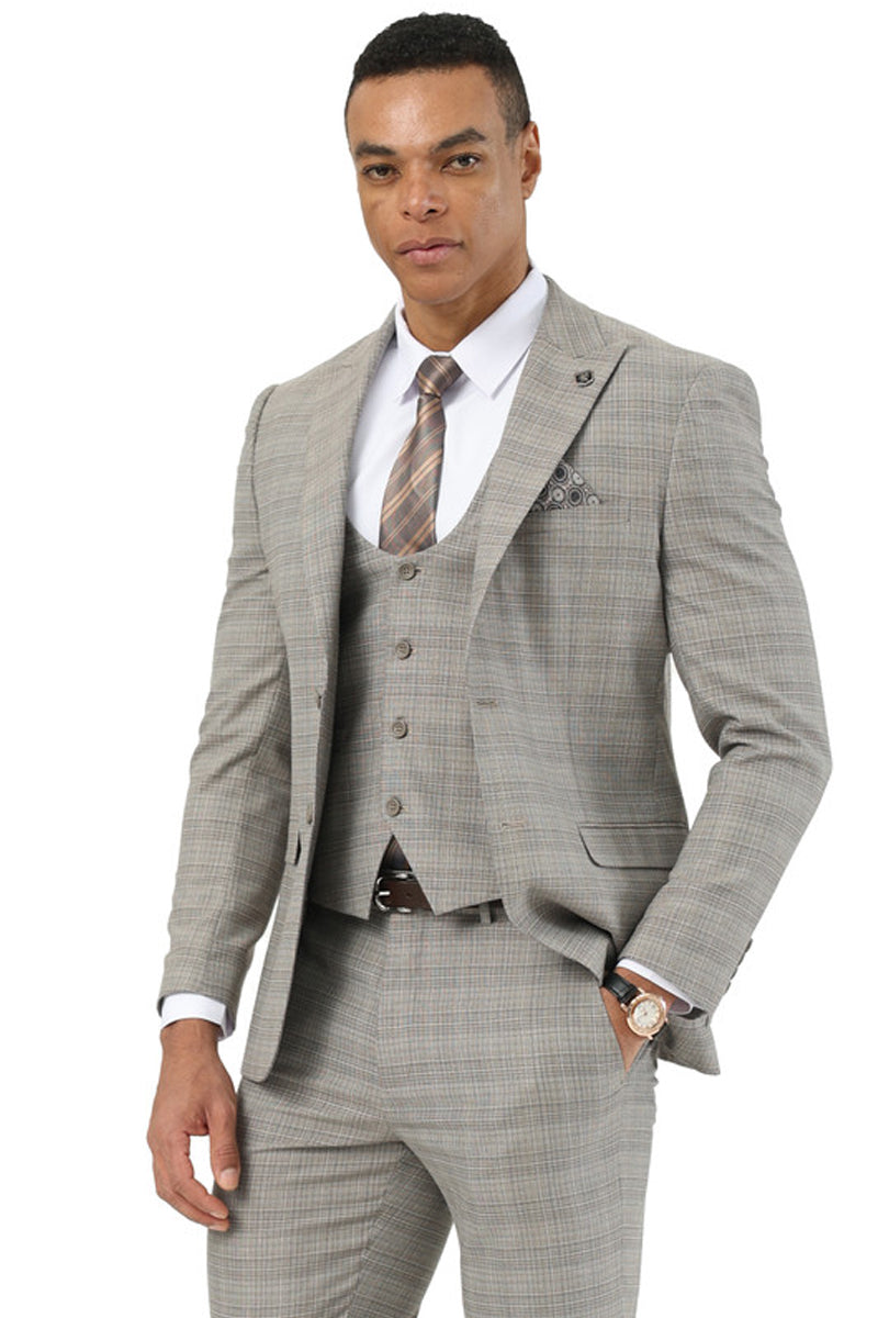 Men’s Stacy Adams Two Button Peak Lapel Suit with Scoop Vest in Kahki Glen Plaid