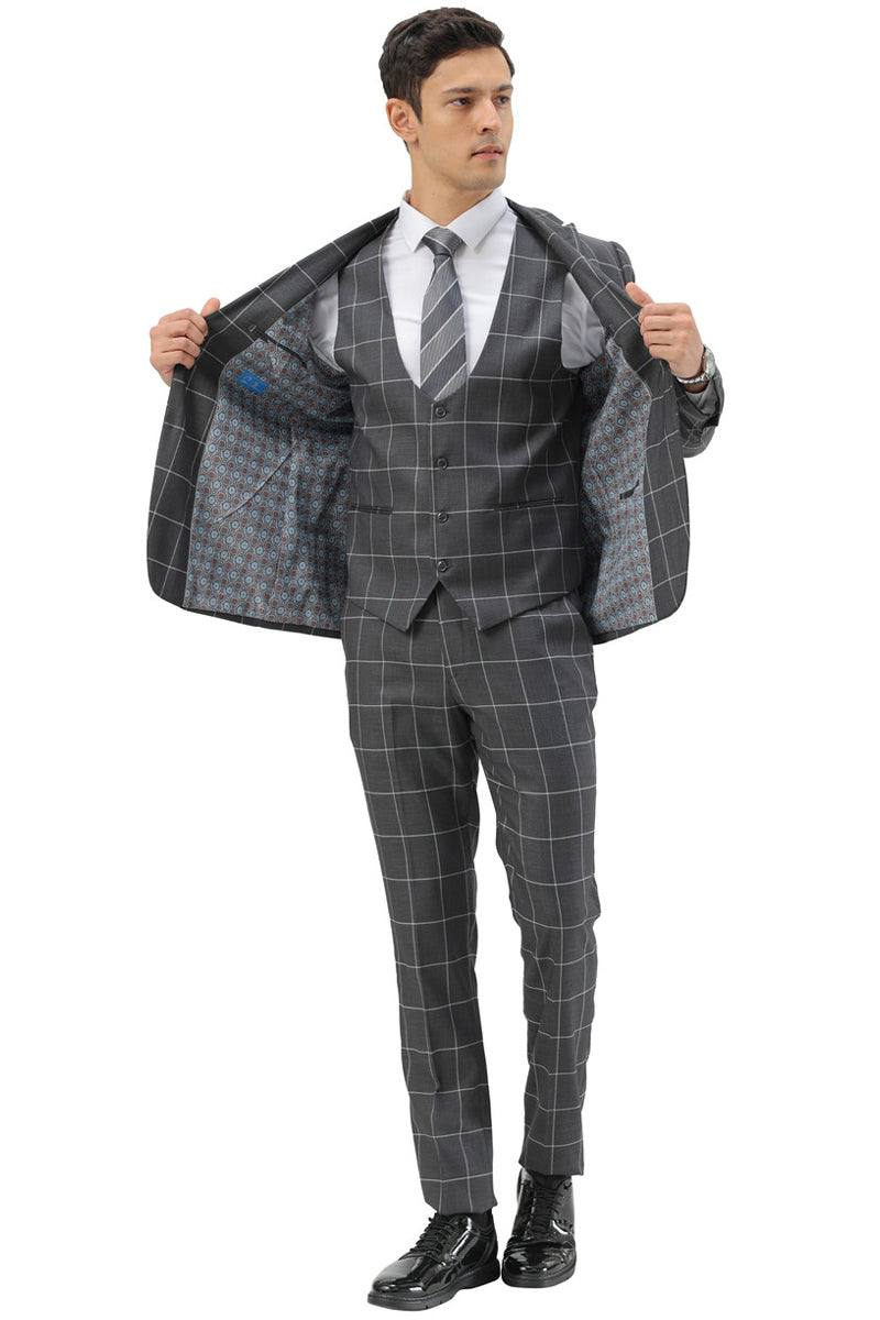 Men’s Slim Fit Two Button Peak Lapel Vested Suit in Grey Windowpane Plaid