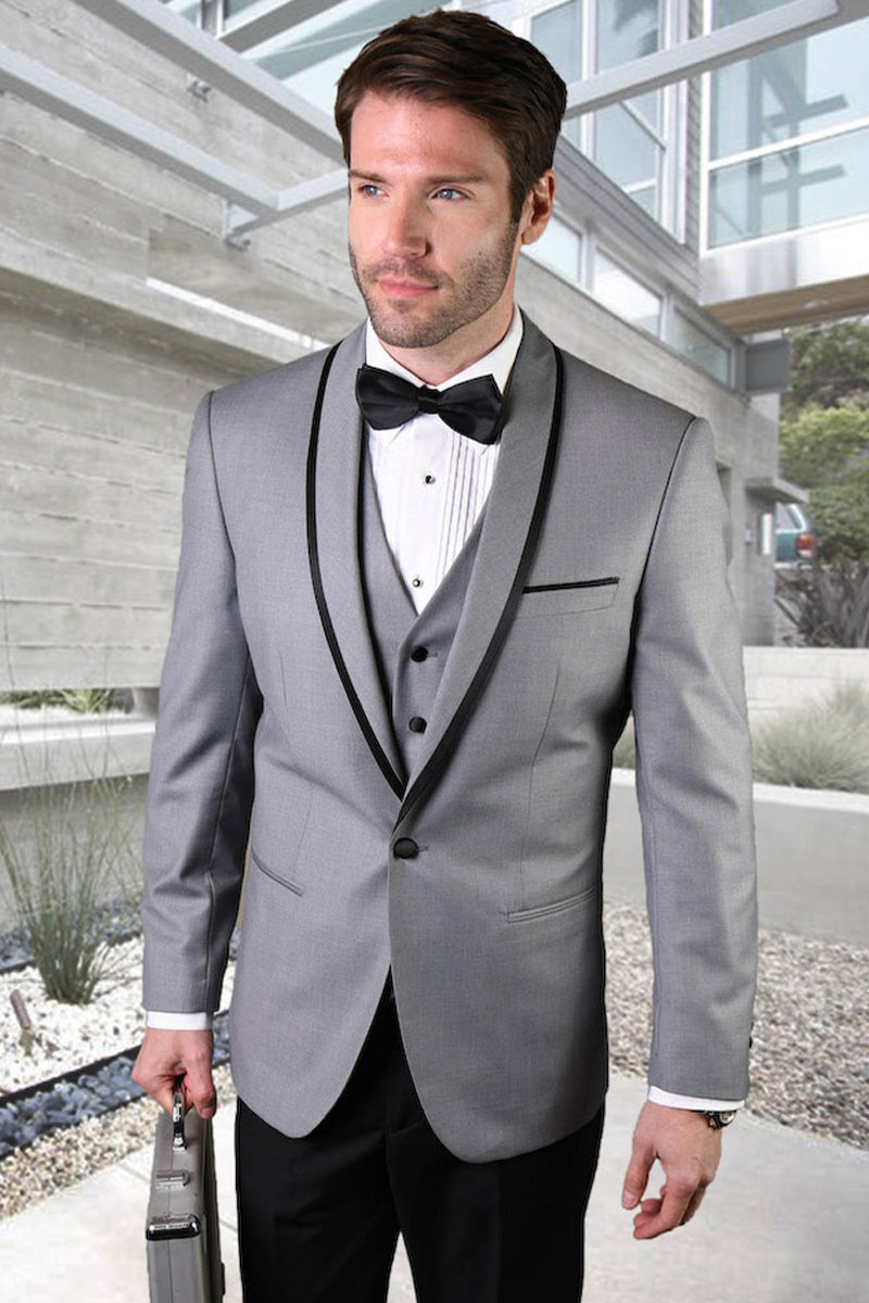 Men’s Designer Vested Satin Trim Shawl Wedding & Prom Tuxedo in Grey