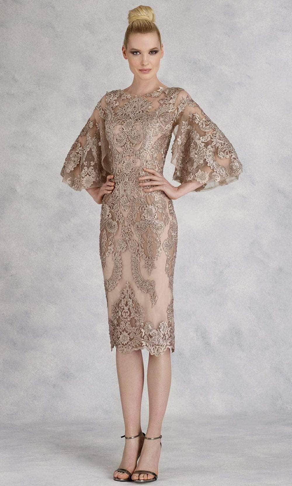 W2068 Quarter Tulip Sleeves Lace Appliqued Sheath Dress