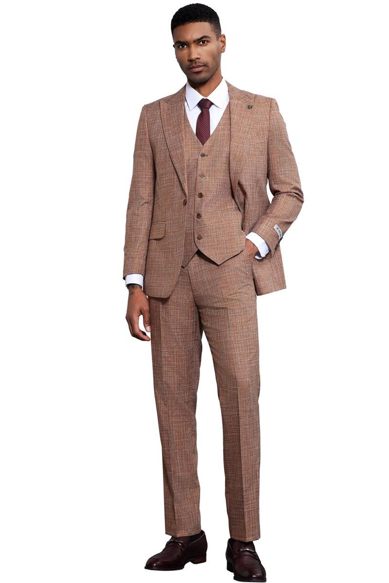 Men’s Stacy Adams Vested Sharkskin Weave Pattern Suit in Light Rust