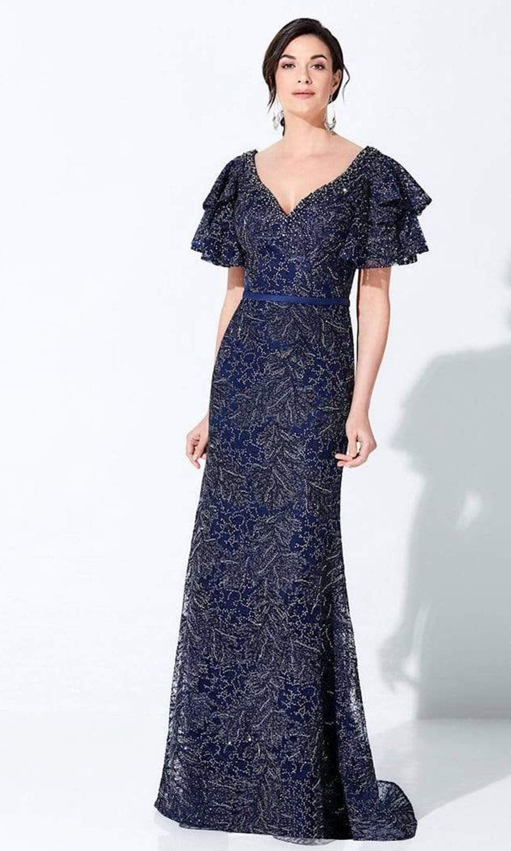 220D21 Ruffled Bell Sleeve Embroidered Gown