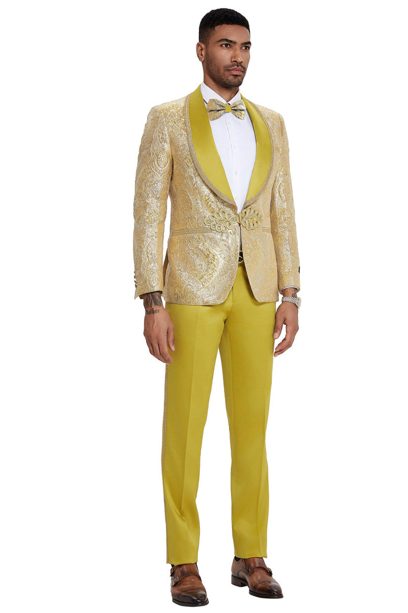 Men’s One Button Shawl Lapel Wedding & Prom Tuxedo in Shiny Gold Paisley