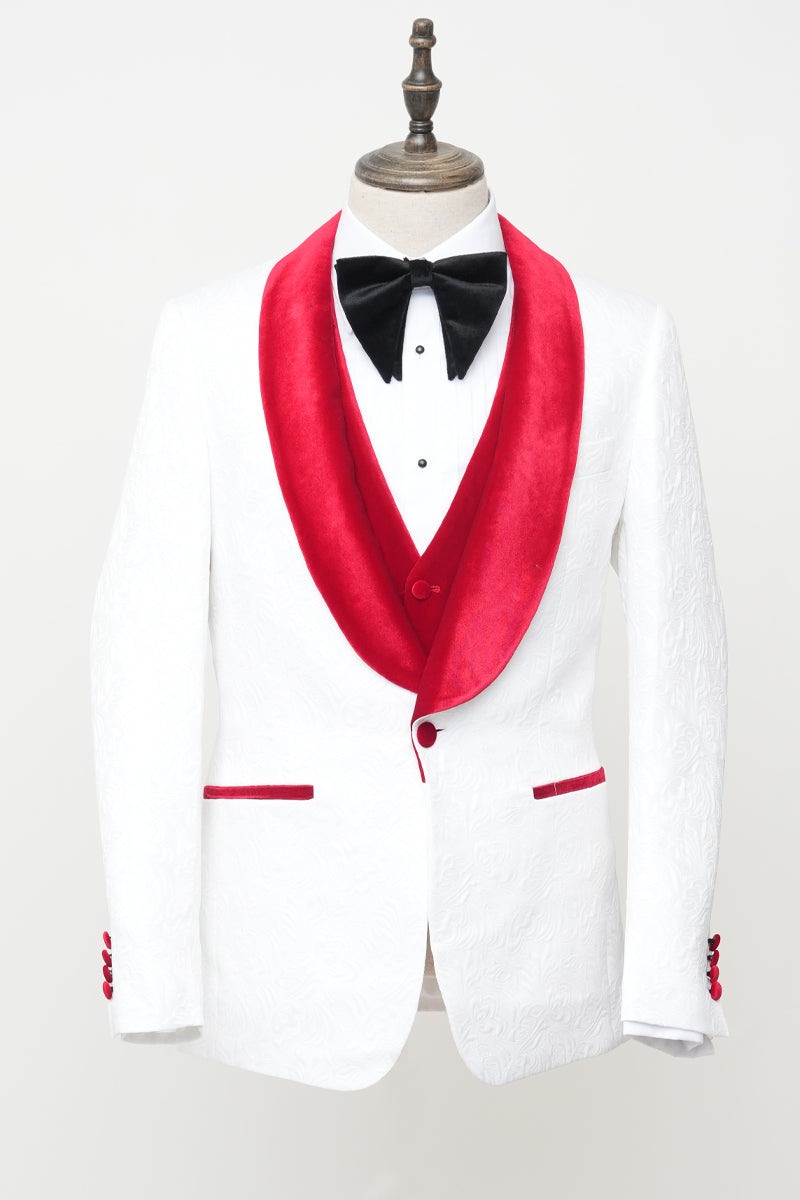 Men’s Vested White Paisley Wedding & Prom Tuxedo with Burgundy Velvet Lapel
