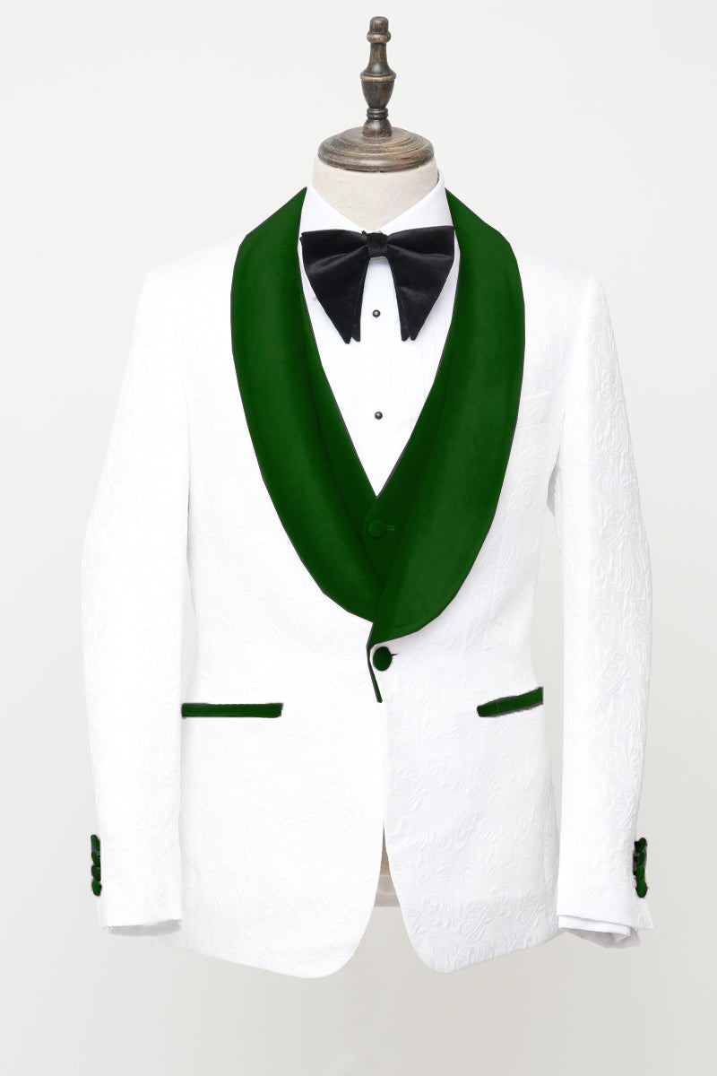 Men’s Vested White Paisley Wedding & Prom Tuxedo with Hunter Green Velvet Lapel