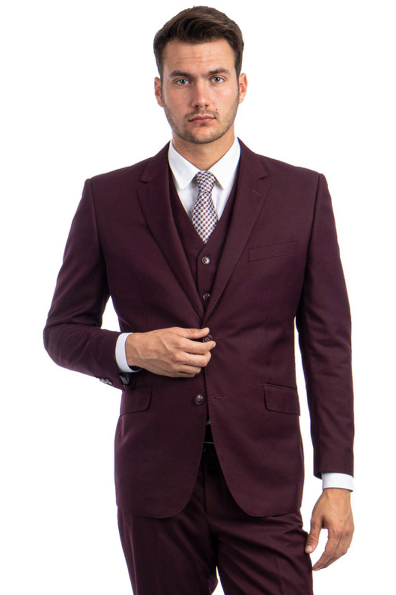 Men’s Designer Two Button Modern Fit Vested Wool Suit in Burgundy