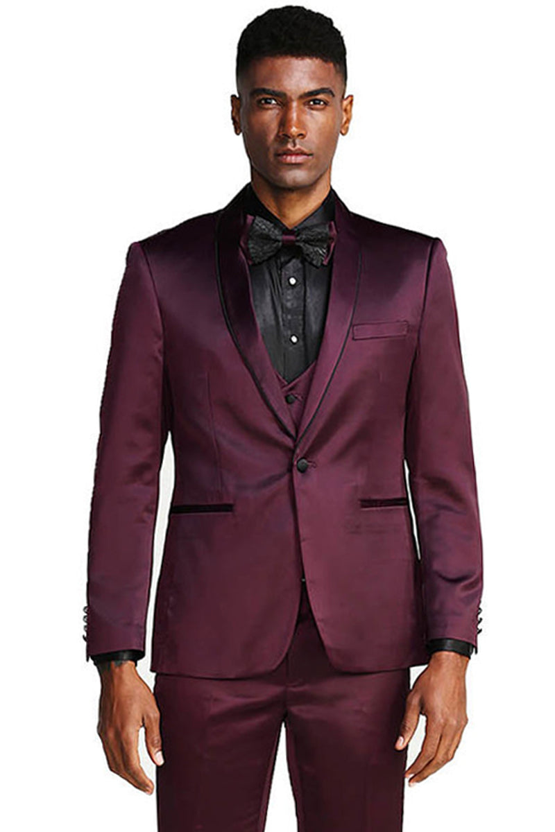 Men’s Slim Fit Vested Shiny Satin Prom & Wedding Tuxedo Suit in Burgundy
