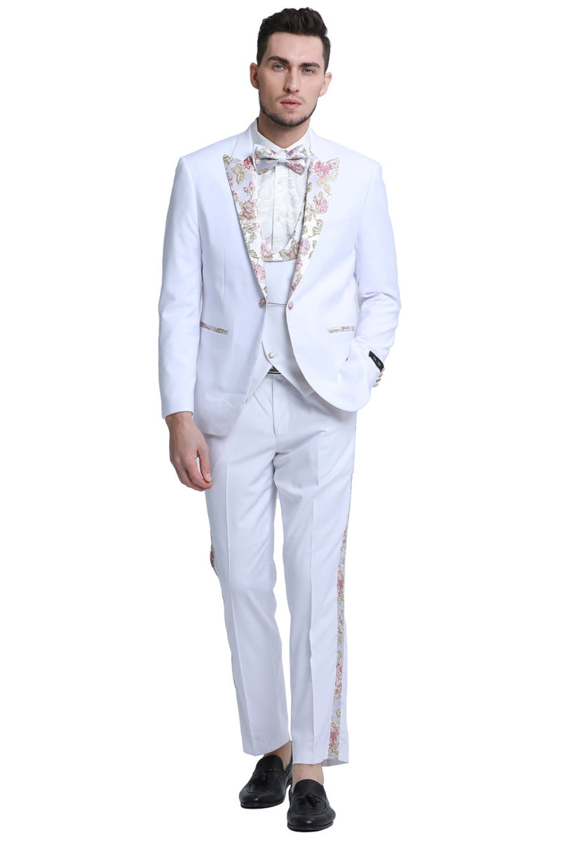 Men’s One Button Vested Prom & Wedding Tuxedo in White with Floral Peak Lapel
