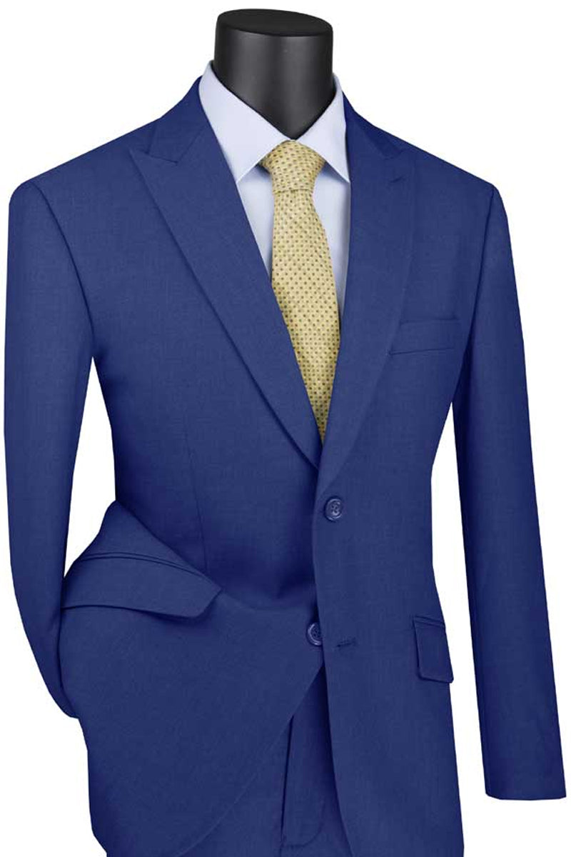 Men’s Two Button Modern Fit Wide Peak Lapel Wool Feel Suit in Blue