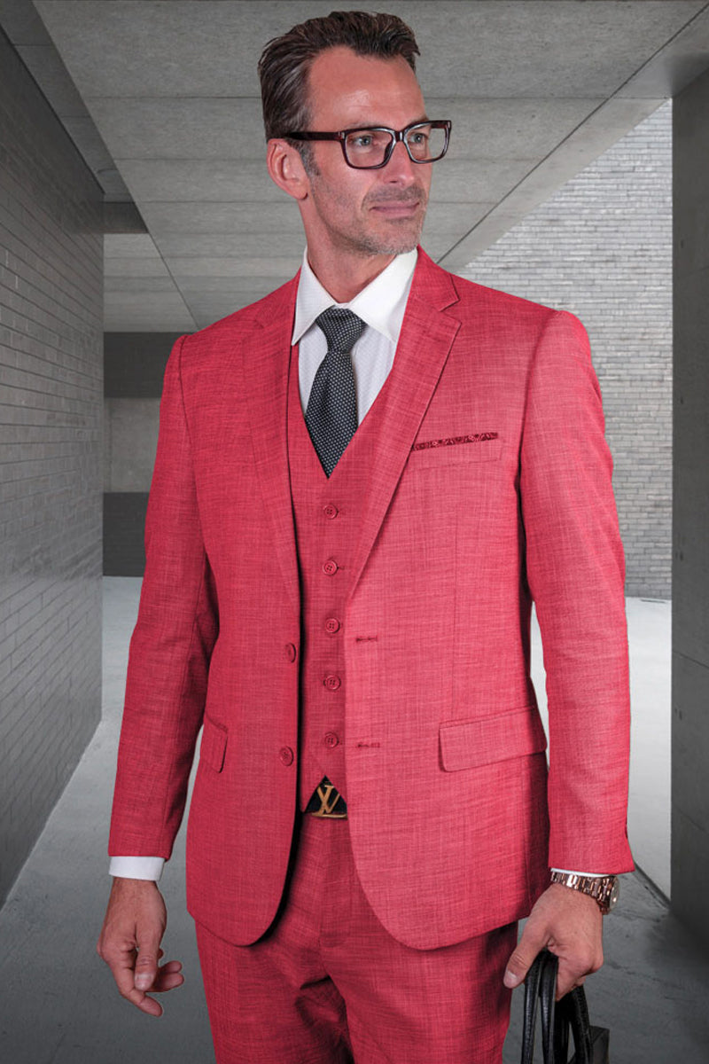 Men’s Designer Modern Fit Vested Wool Sharkskin Suit in Magenta