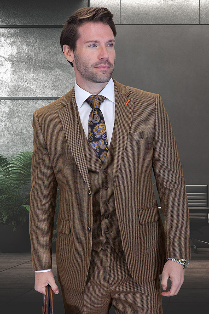Men’s Designer Vested Vintage Style Micro Plaid Wool Suit in Copper Brown