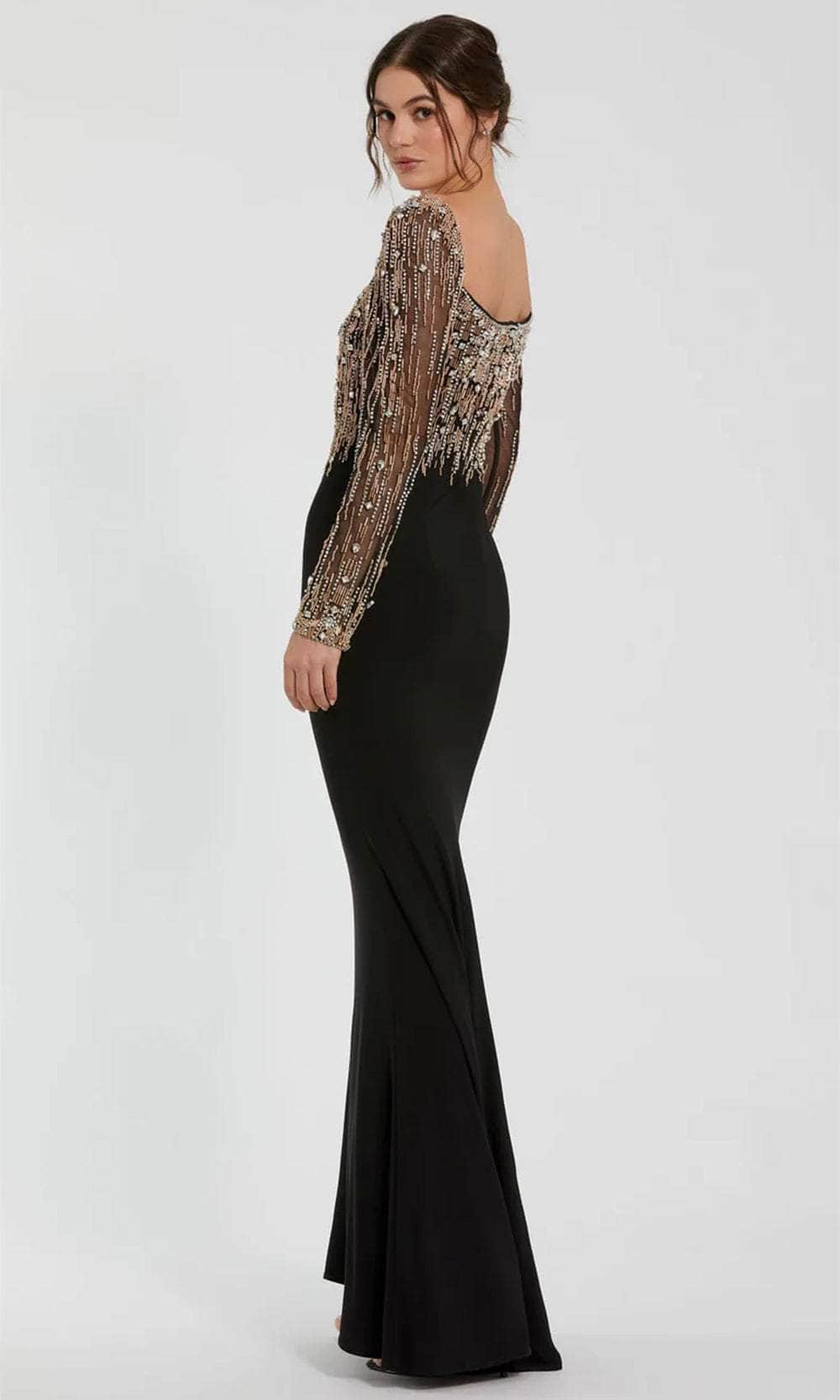 Sheer Sleeve Beaded Top Evening Dress